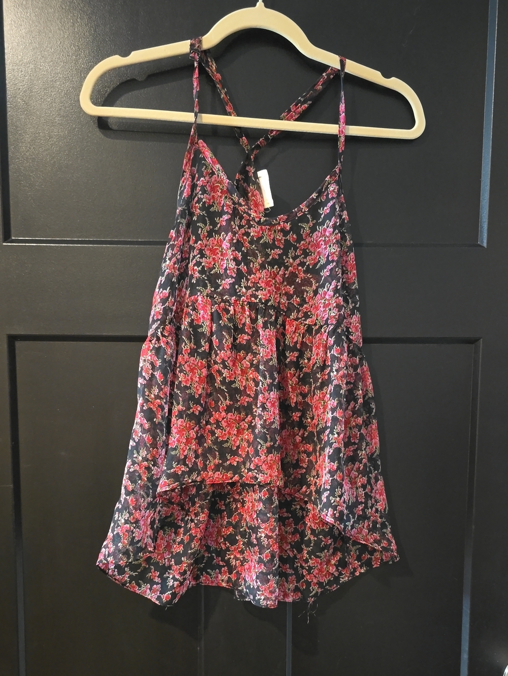 Ladies' Floral Tiered Top- Black with Pink Floral, sz small by Pins and Needles